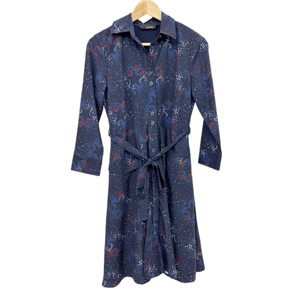 Red White Blue Star Pattern Navy Blue Long Sleeve Belted Shirt Dress new years